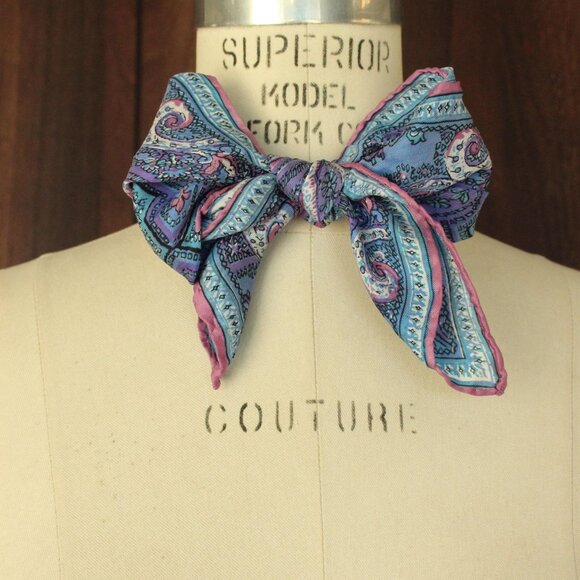 Vintage Vera Scarf, Blue and Purple and Pink Silk and Rayon, Square Designer - Picture 10 of 10